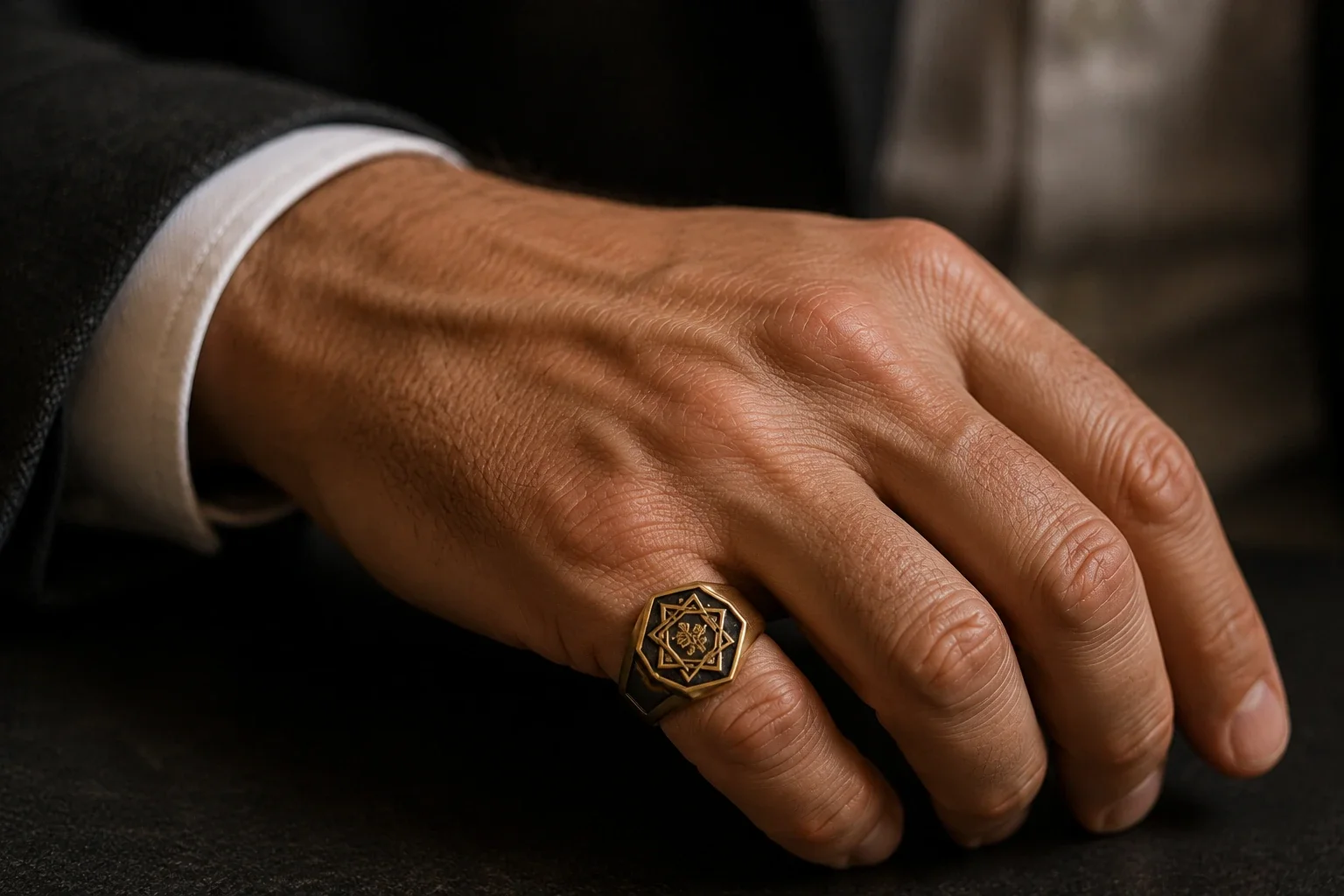 Close view of a classic signet ring worn with tailored clothing