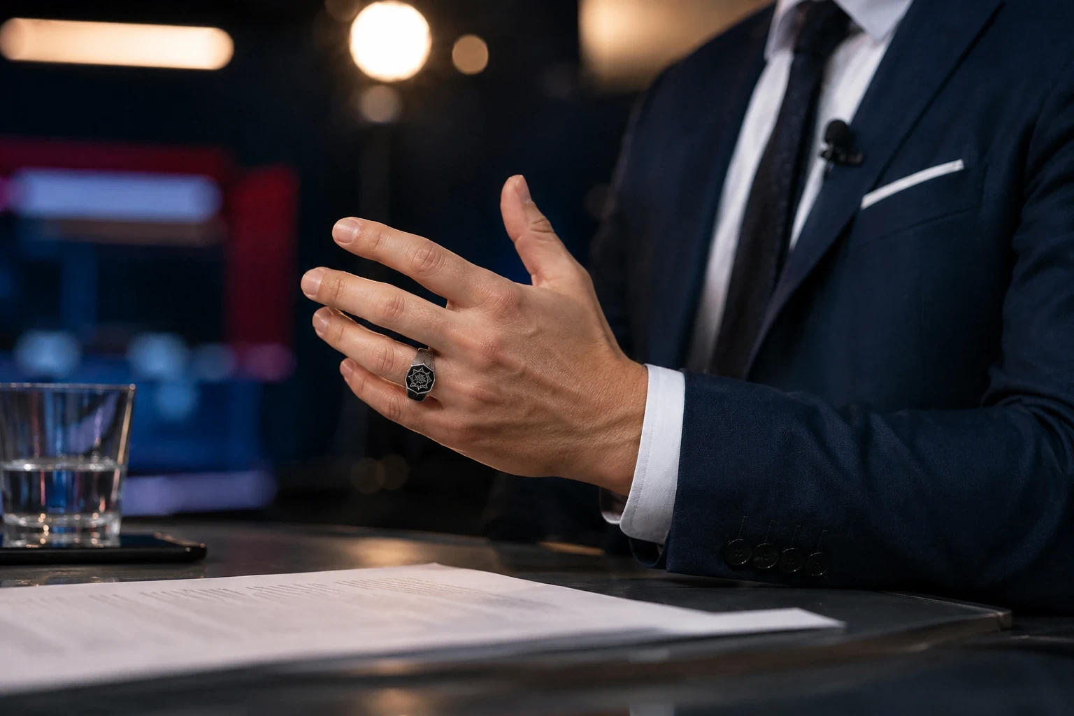 Signet ring worn with a dark tailored suit in a studio setting