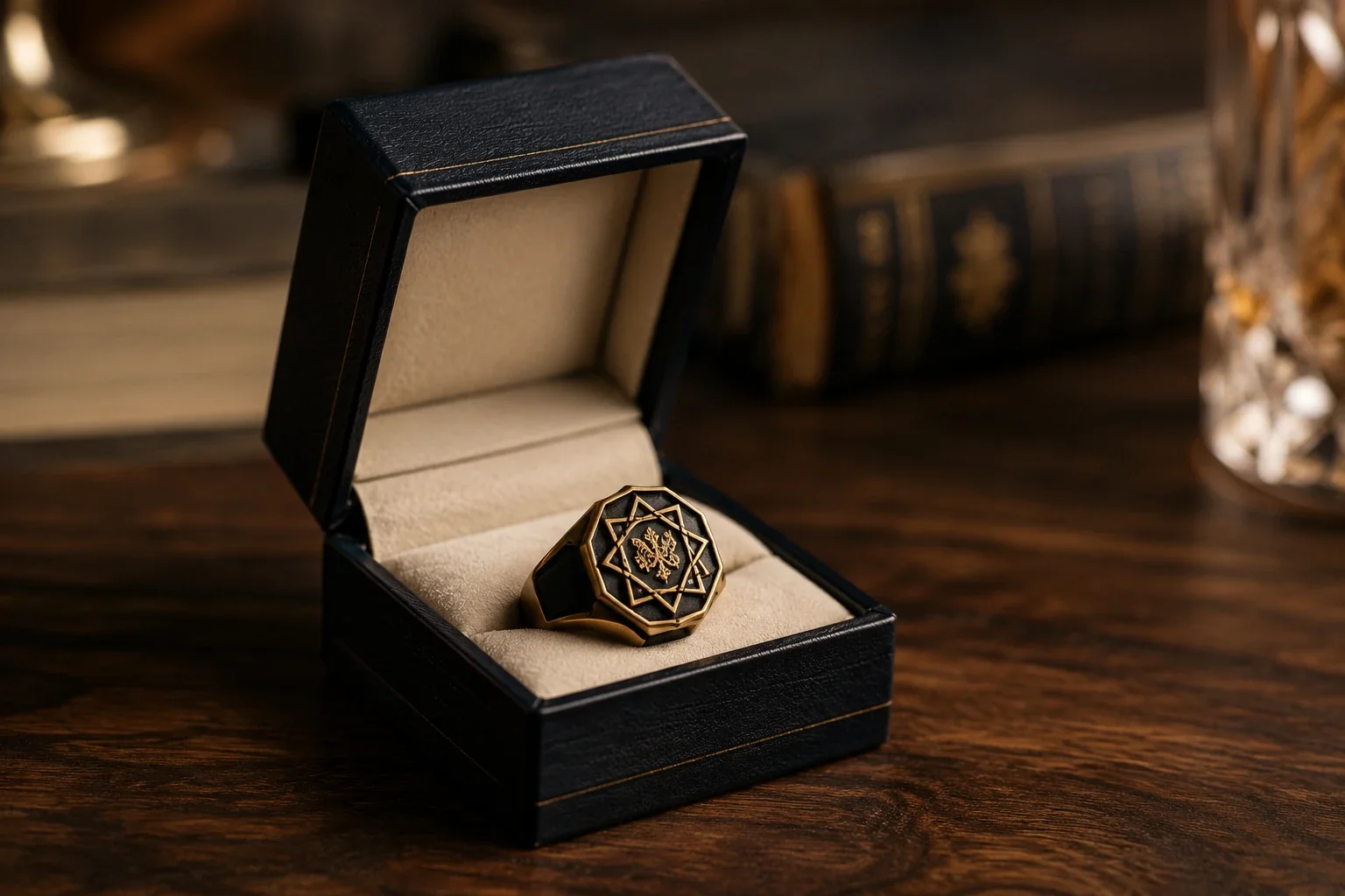 Classic signet ring presented inside a jewellery box